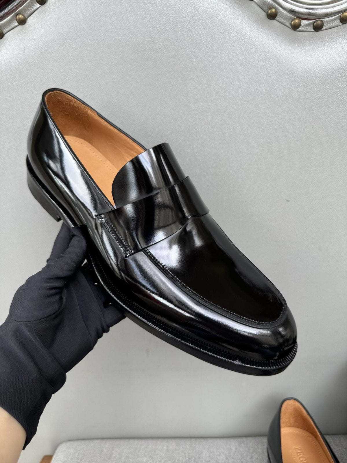 Zegna Men's Glossy Black Leather Loafers