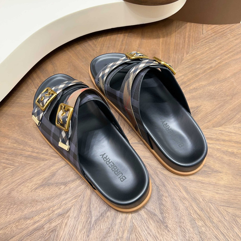 Burberry Black Plaid Two-Strap Slide Sandals
