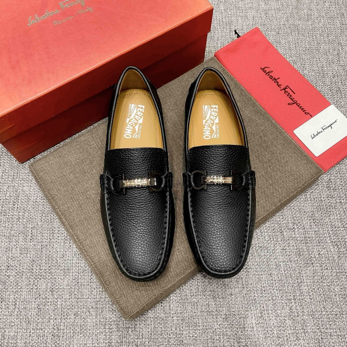 Salvatore Ferragamo Black Textured Driving Loafers