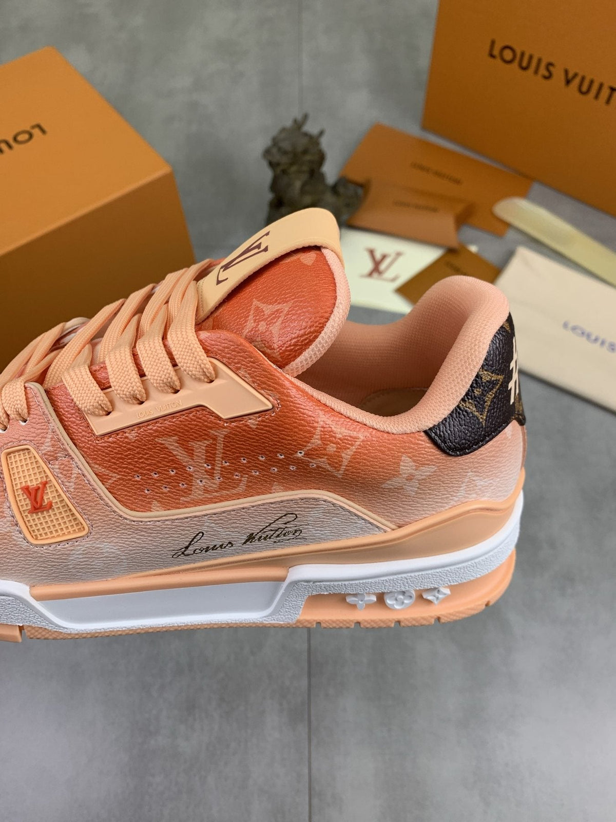 Louis Vuitton Peach Pink Monogram Low-Top Sneakers - Peach Pink and White